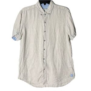 Report Collection Shirt Men Medium Beige Linen Button Up Short Sleeve